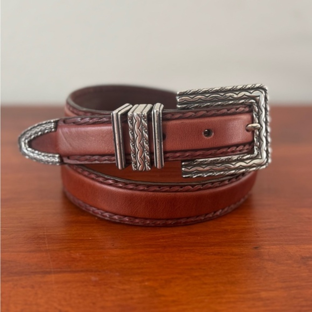 Vintage Brighton 1990s Brown Leather Belt with Silver Buckle